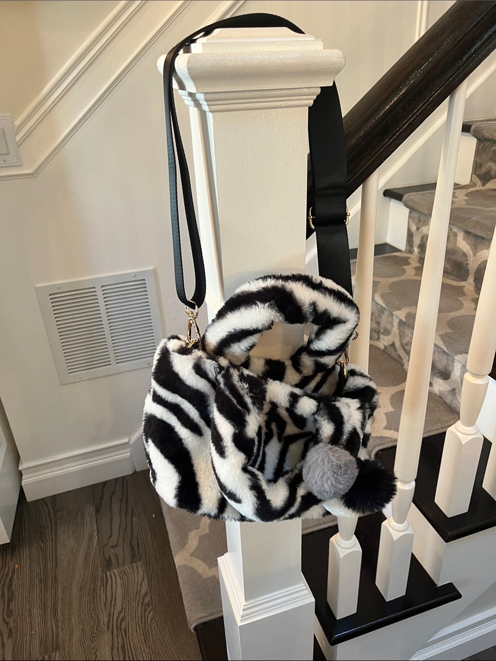 Claire's Black & White Faux-Fur Zebra Crossbody Bag with Pom-Pom